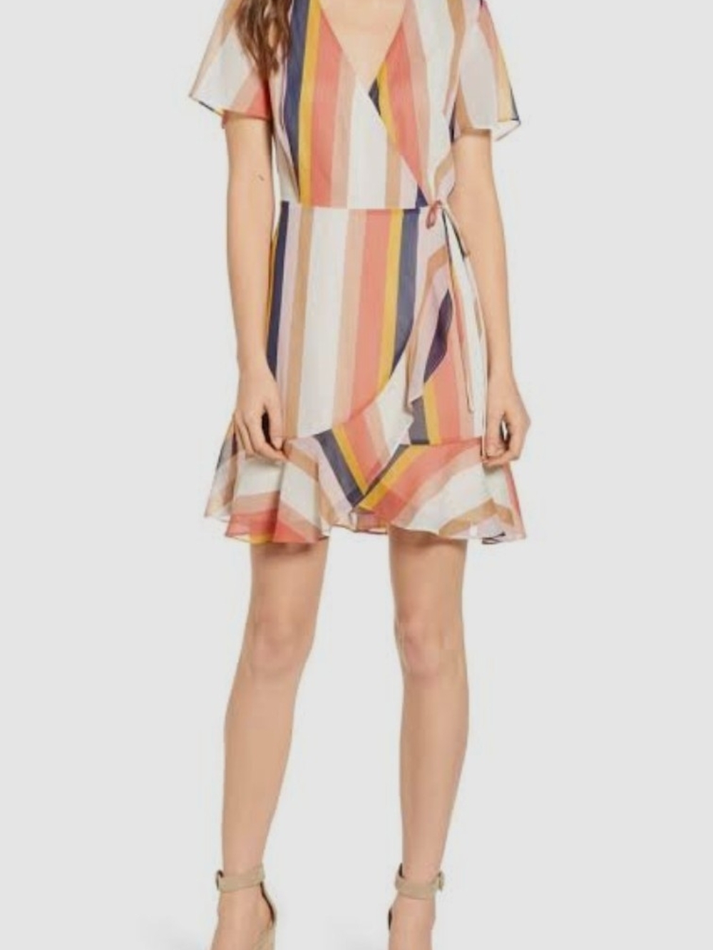 All in Favor Striped Wrap Mini Dress in Pink, Coral, Navy & Cream